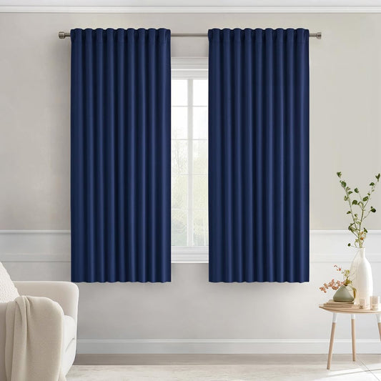 MIULEE Navy Blue Back Tab Blackout Curtains 63 Inch Length 2 Panels Set for Living Room Bedroom Privacy, Rod Pocket/Pinch Pleat Thermal Insulated Room Darkening Pleated Light Blocking Drapes