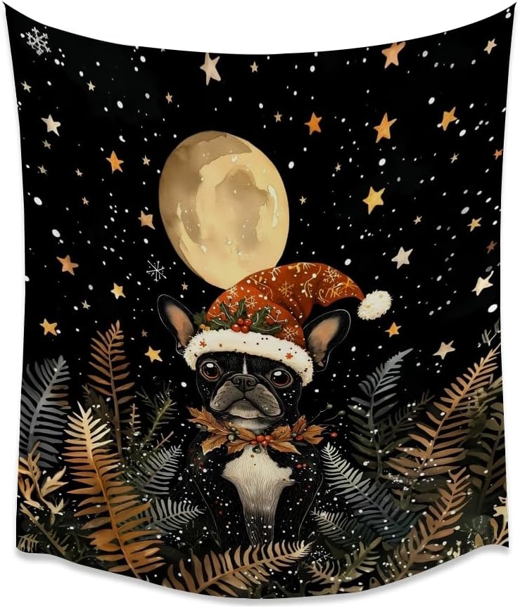 French Bulldog Christmas Tapestry Wall Hanging Cute Dog Santa Hat Moon Pictures Print Pet Lover Gift Funny Christmas Tapestries Aesthetic for Winter Home Nursery Kids Bedroom Decor 70x90inch