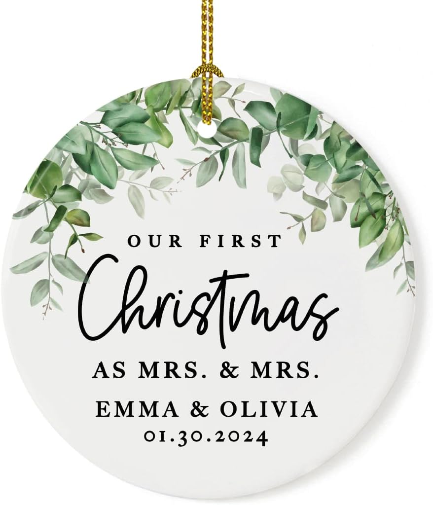 Andaz Press Personalized Our First Christmas As Mrs. & Mrs. 2025 Christmas Ornaments Greenery 2.8" Round Porcelain Ceramic Lesbian Married Couple Gay Women Newlyweds Hers Wedding Keepsake 1-Pack