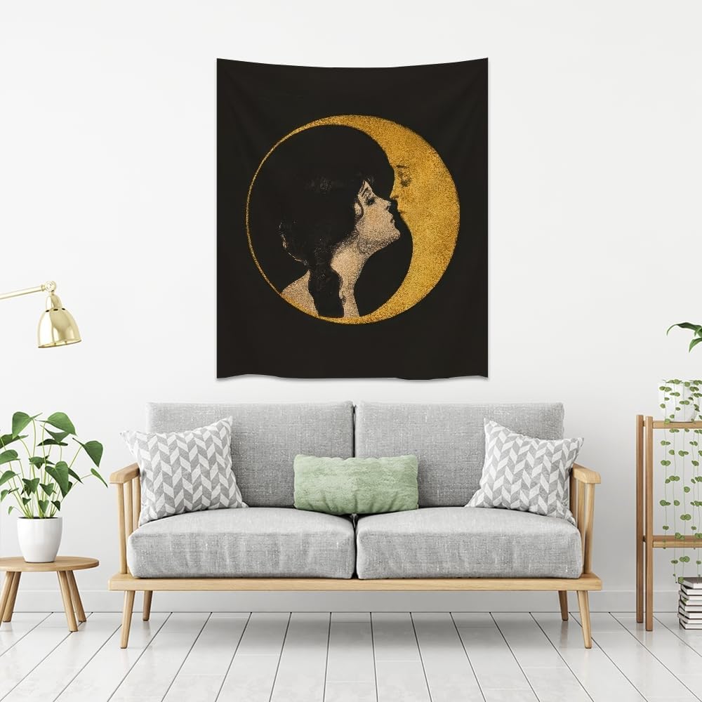 Dark Academia Woman Kissing Moon Art Tapestry Gothic Aesthetic Wall Hanging Witchy Picture Print Moon Goddess Tapestries Wall Decor for Living Room Bedroom Dorm 30x40inch