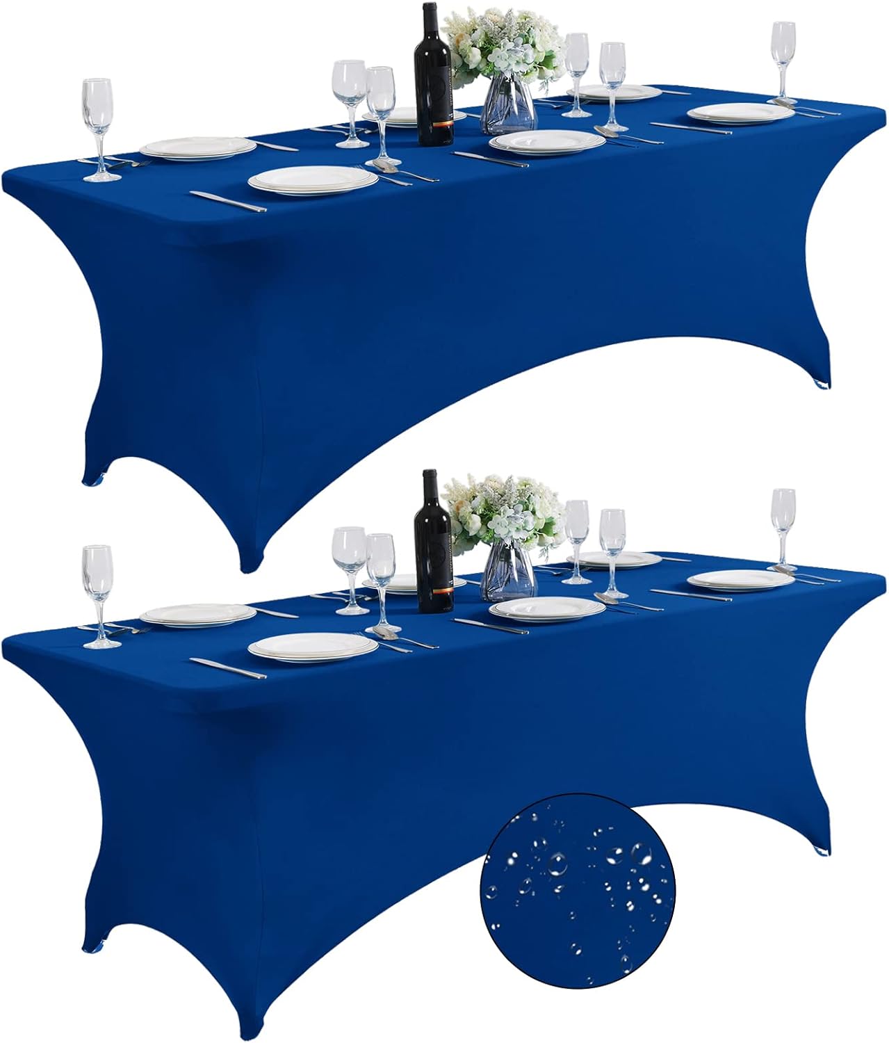 SuperO 2Pack Waterproof Spandex Table Cover for 8FT Table Universal Fitted Stretch Tablecloth for Party, Banquet, Wedding and Events-Classic Blue