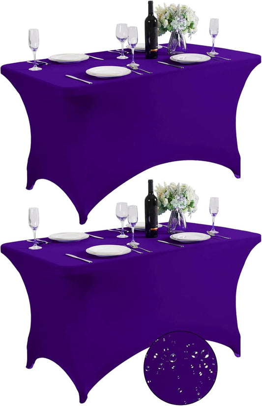 SuperO 2Pack Waterproof Spandex Table Cover for 4FT Table Universal Fitted Stretch Tablecloth for Party, Banquet, Wedding and Events-Purple