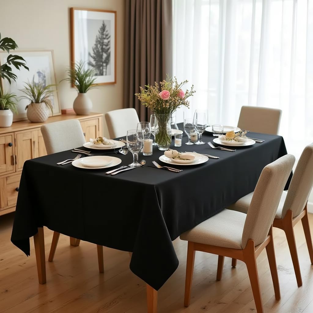 sancua Rectangle Tablecloth - 70 x 90 Inch - Stain and Wrinkle Resistant Washable Polyester Table Cloth, Decorative Fabric Table Cover for Dining Tables, Buffet Parties and Camping, Black