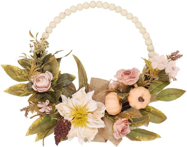 Fall Wreaths for Front Door, Autumn Wreath with Pumpkins, Berries and Leaves for Indoor Outdoor Porch Thanksgiving Farmhouse Harvest Halloween Home Décor (Pink Pumpkin)