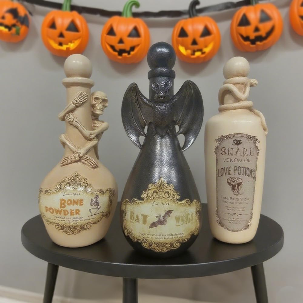 Cynkeyee Halloween Party Decorations Potion Bottles - Resin Tan Sketeton Décor Halloween Potion Bottles Scary Halloweens Decorations Indoor 4.25x4.25x9.5 Inch