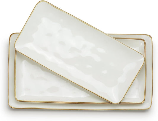 famiware Serving Platter, Rectangular 15.67/14.1/12.6inch Serving Dishes for Entertaining, Microwave Dishwasher Safe, Stoneware Serving Trays for Party, Turkey, Cheese, Ocean Series, Vanilla White