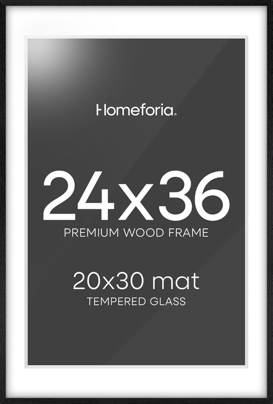 Homeforia 24x36 Black Wood Frame, High End Oak 24x36 Large Wooden Poster Frames with Mat 20x30 inch Photo, 24 x 36 Picture Frame Matted to 20 x 30, 36x24 Thin Frame, Tempered Glass, Wall Kit, Set of 1