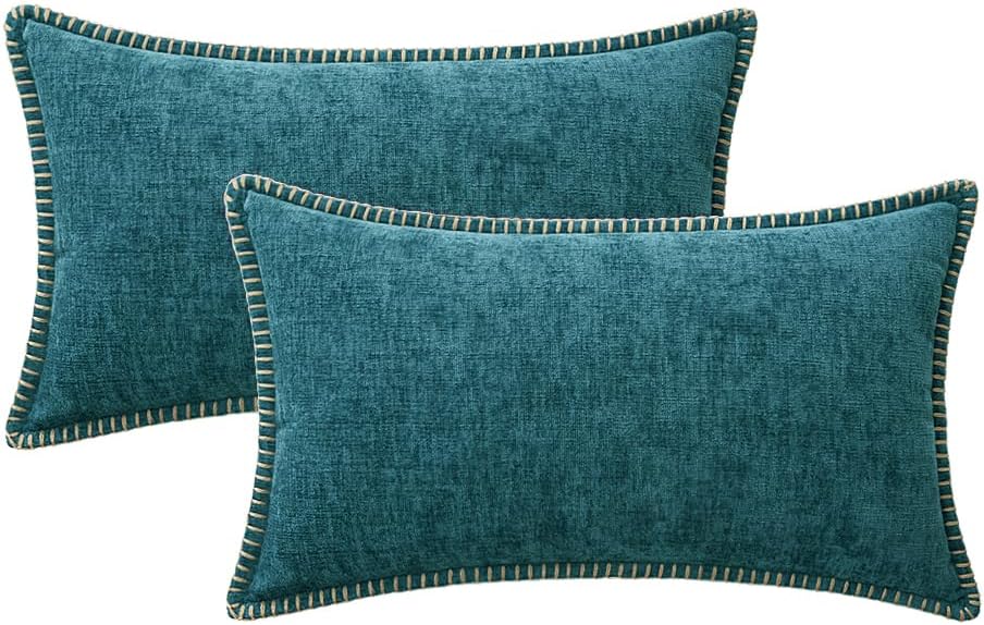 MIULEE Pack of 2 Couch Throw Pillow Covers 12x20 Inch Dark Teal Farmhouse Decorative Pillow Covers with Stitched Edge Soft Chenille Solid Dyed Spring Pillow Covers for Sofa Bed Living Room