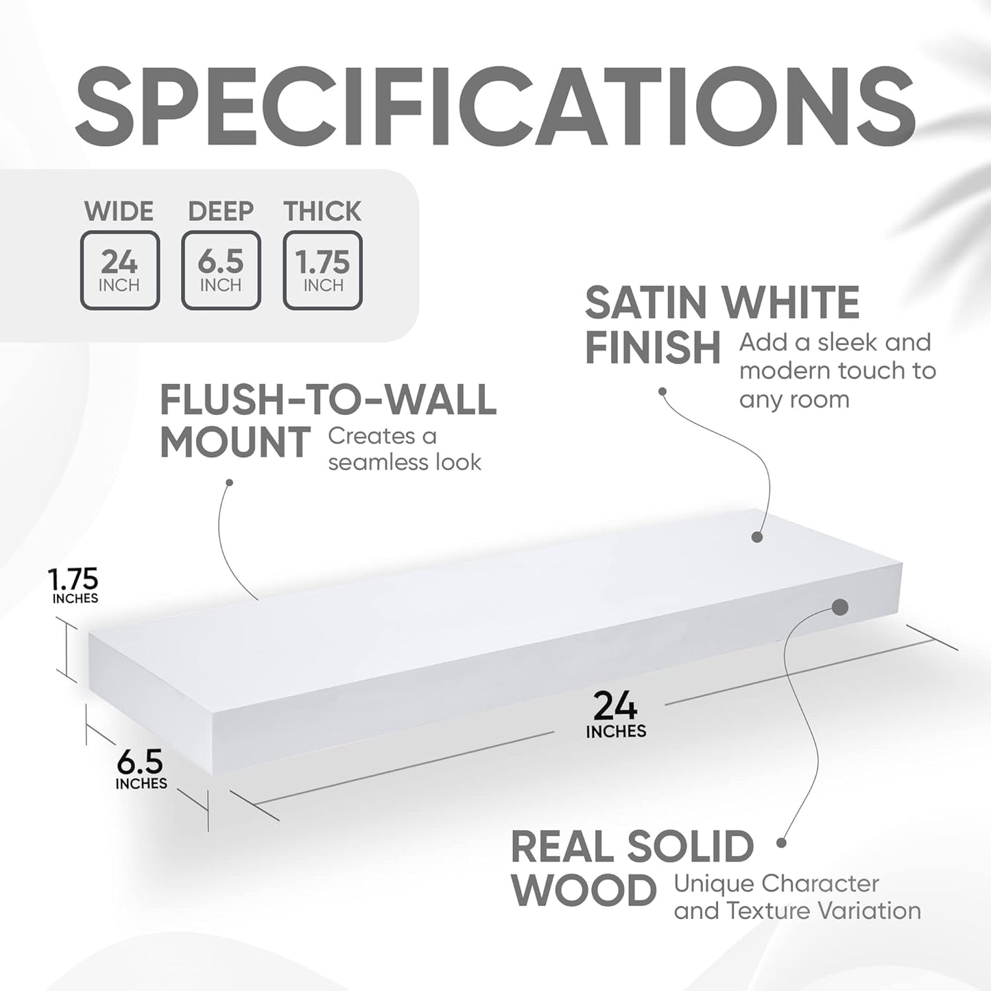 Homeforia White Floating Shelves 24 inch, High End Solid Real Wood 24inch Bathroom Floating Shelf for Wall Mounted, White Wooden 24in Floating Shelves, Heavy Duty Bracket, 24 X 6.5 X 1.75 in, Set of 2