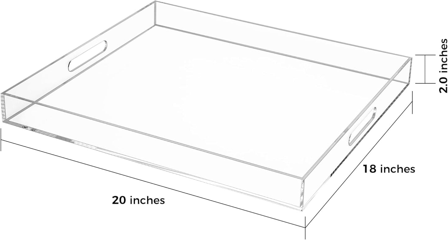 Clear Rectangular 18x20 Inches Acrylic Ottoman Tray Decorative Serving Tray with Cutout Handles Organizer Tray on Coffee Table Countertop Big Breakfast Bed Tray Living Room Appetizer Serving Food