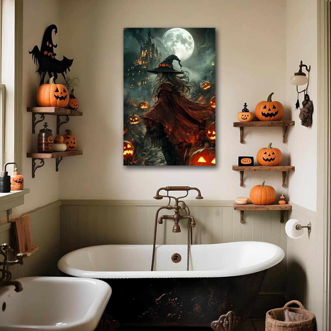 Dark and Moody Gothic Witch Poster Wall Art,Vintage Rustic Witch in Cloak with Castle Pumpkin Road Dark Gothic Poster,Goth Spooky Season Halloween Prints for Fantasy Office,24"x36" Framed
