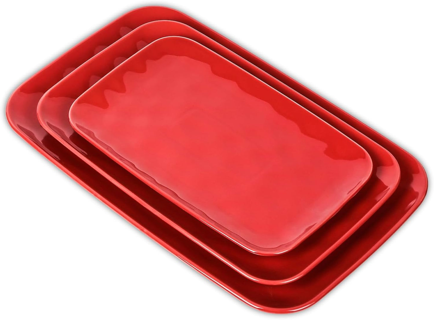 Vicrays Ceramic Rectangle Serving Platters - 14" 12" 10" Porcelain Serving Trays Plates for Party BBQ Appetizers Sushi Dessert - Microwave Oven and Dishwasher Safe - Set of 3 Red