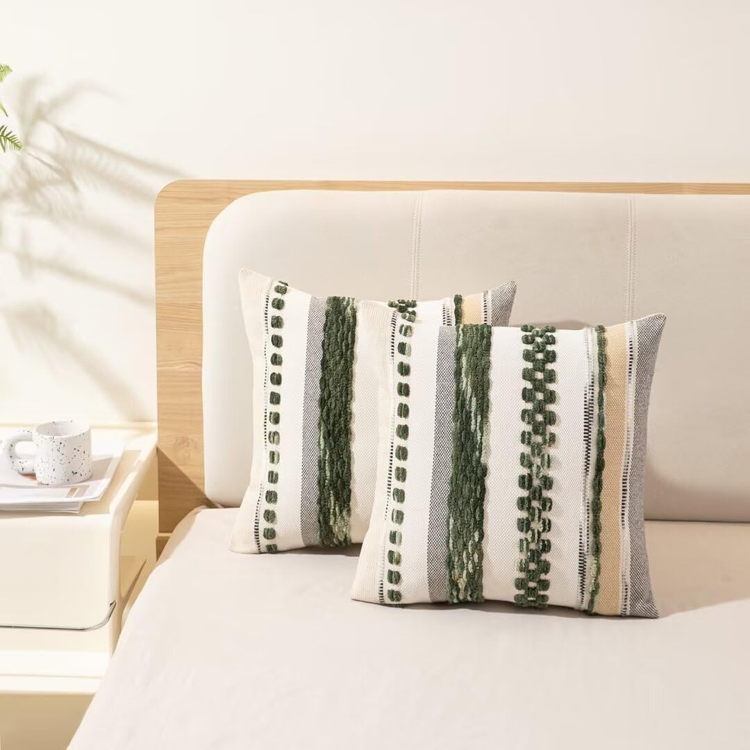 Boho Throw Pillow Covers 18x18 Set of 2 Christmas Decorative Cushion Case Striped Square Pillows Cover Chenille Pillow Cases Accent Neutral Pillowcase for Sofa Couch Bed,Dark Green