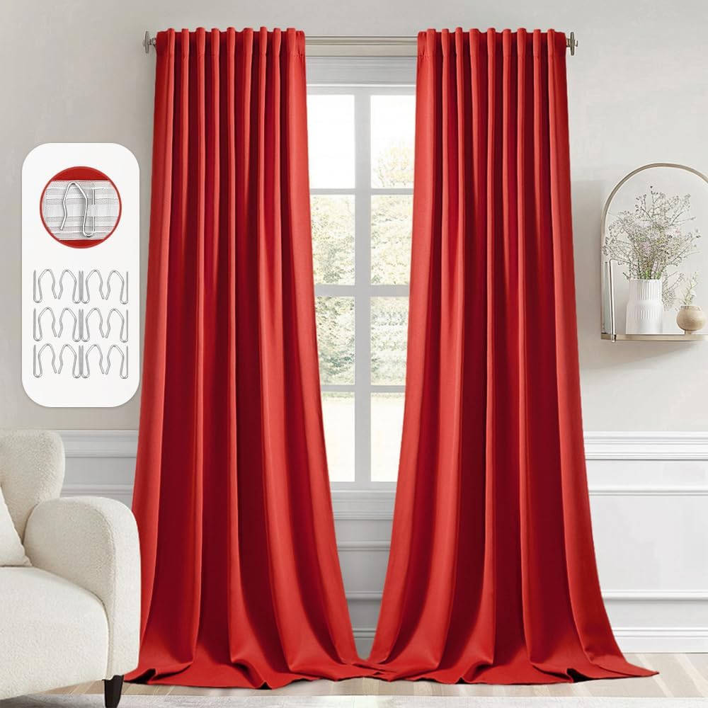 MIULEE Red Back Tab Blackout Curtains 120 Inch Long 2 Panels Set for Living Room Bedroom, Rod Pocket/Pinch Pleat Extra Long Thermal Insulated Room Darkening Pleated Light Blocking 10FT Drape