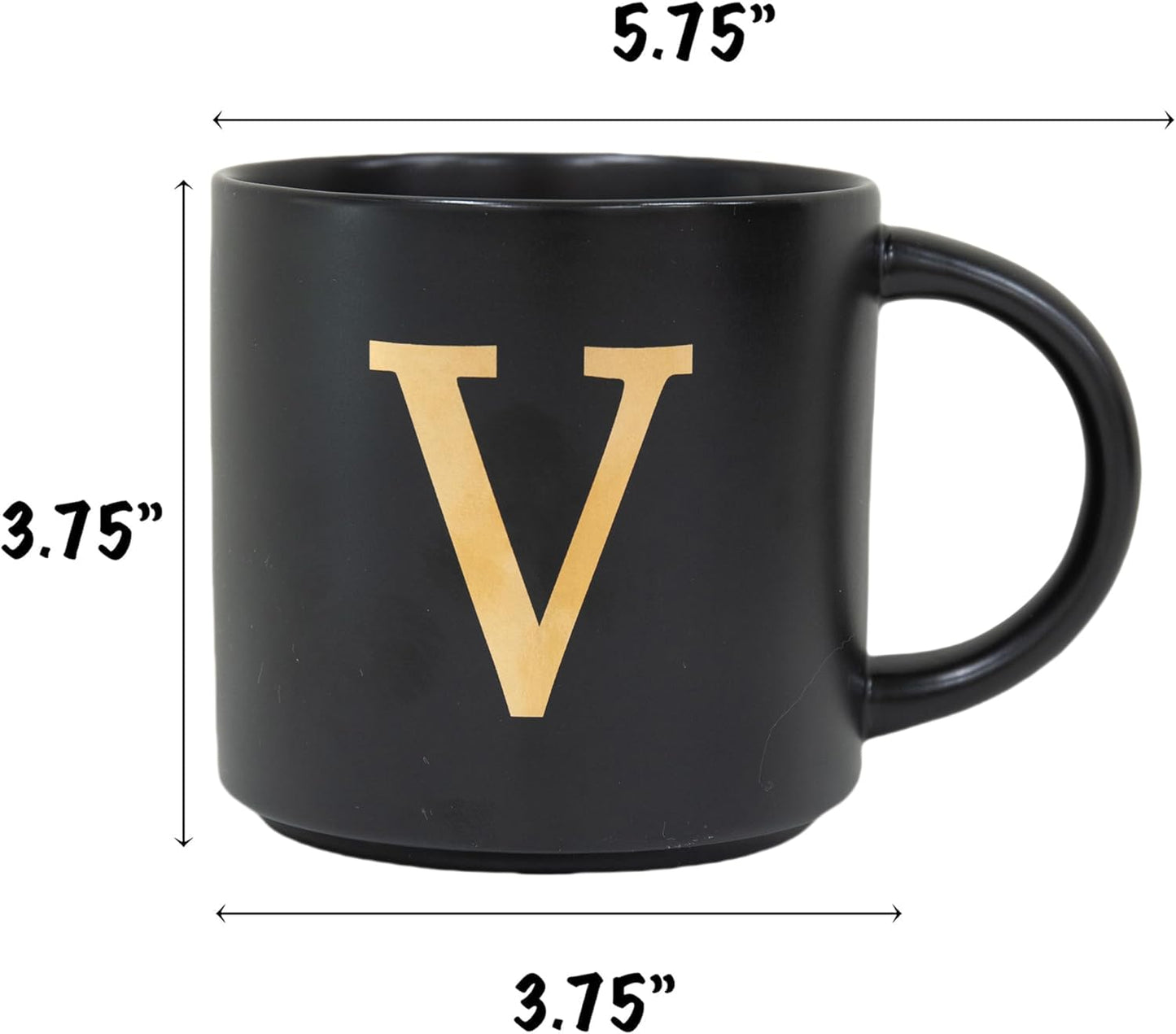 COLLECTIVE HOME - Monogram Ceramic Mugs, 15 oz Golden Initial Black Coffee Cups, Elegant Alphabet Tea Mugs, Elegant Personalized Mug with Gift Box, Unique Mug with Double Side Capital Lette (V)