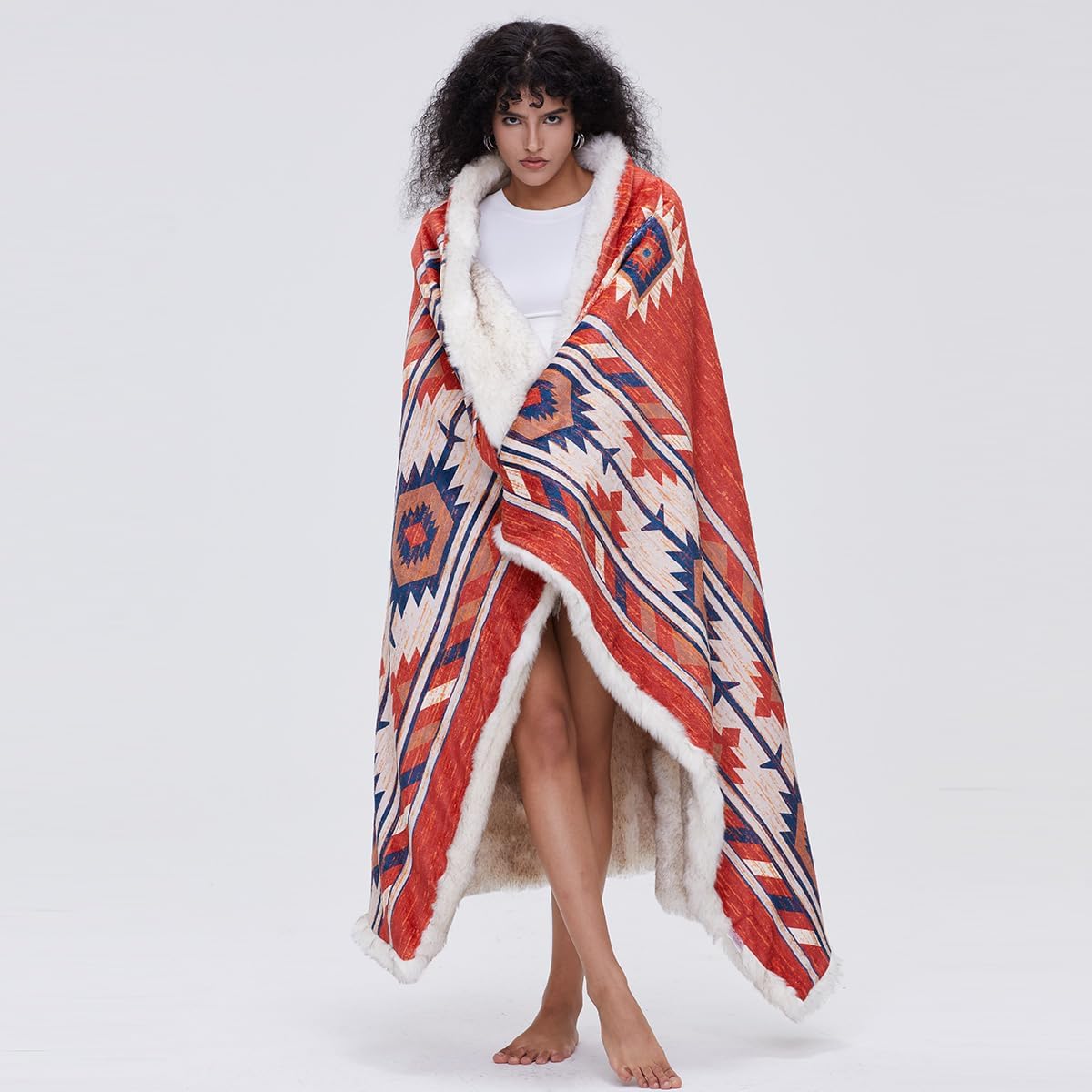Luxury Plush Faux Fur Throw Blanket with Aztec Pattern, Super Warm, Fuzzy, Elegant, Fluffy Decoration Blanket for Couch, Armchair, Sofa and Bed, 50''x 60'', Red