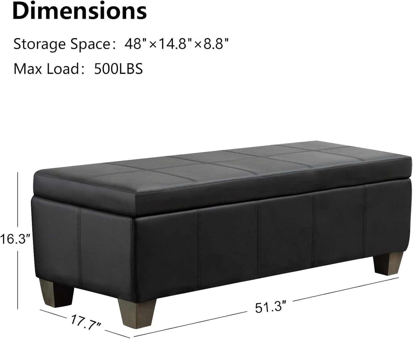 51 Inch Black Faux Leather Ottoman with Storage, Rectangular Extra Long Bench, End of Bed Bench with Large Storage for Bedroom, Living Room