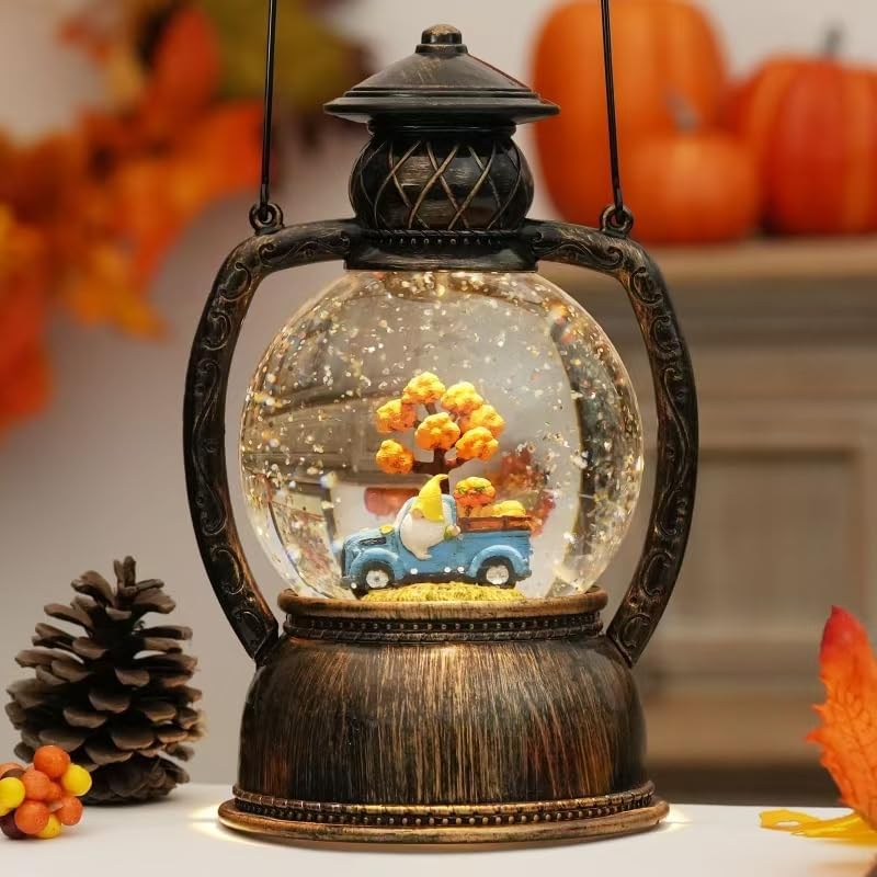 Fall Snow Globes, Blue Truck Pumpkin and Gnome Scene Snow Globes, Glittering Lantern with Timer, Snow Globe Lantern USB or Battery Powered for Fall Festival Thanksgiving Day Decor