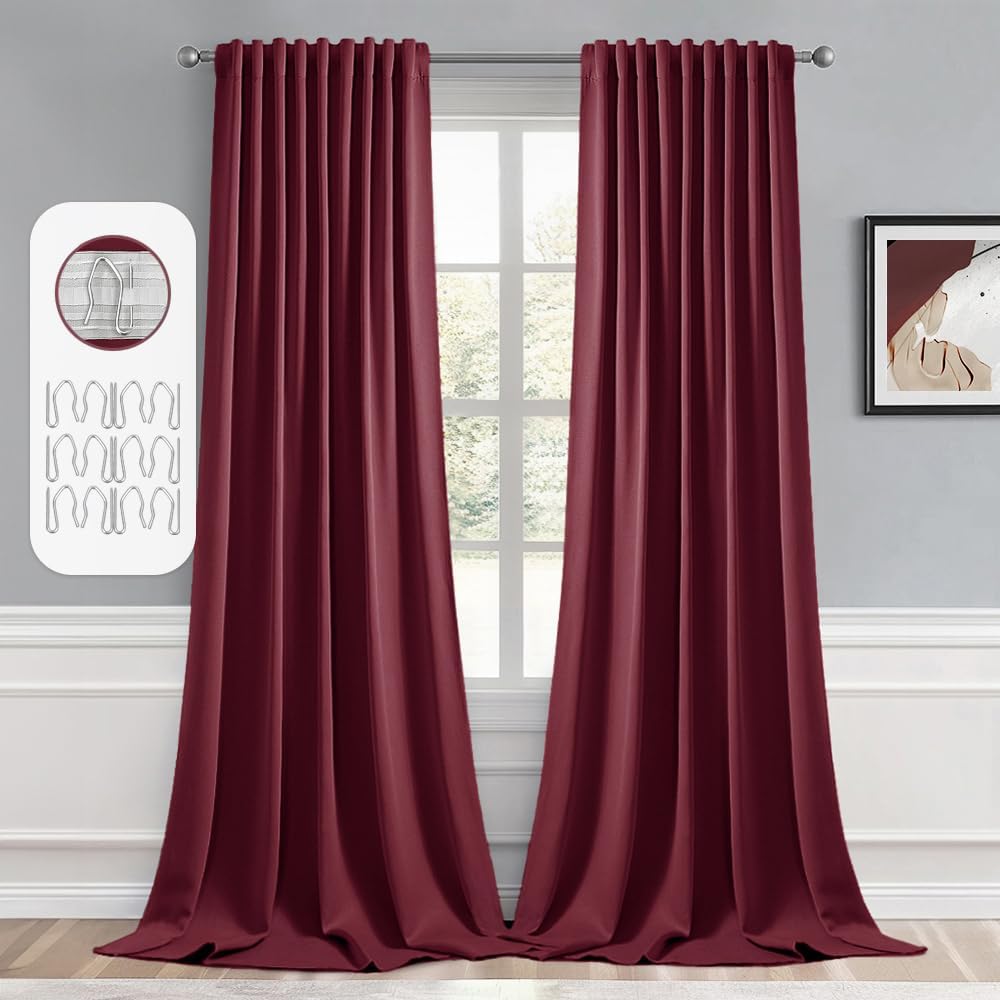 MIULEE Wine Red Back Tab Blackout Curtain 96 Inch Long 2 Panels Set for Bedroom, Rod Pocket/Pinch Pleat Thermal Insulated Living Room Darkening Pleated Light Blocking Floor to Ceiling Drape