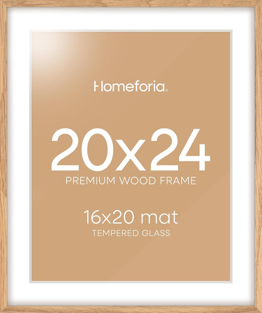 Homeforia 20x24 Picture Frame Wood, High End Natural Oak 20x24 Frame Matted to 16x20 Photo, 20 x 24 Light Wooden Poster Frames with Mat 16 by 20, 24by20 Thin Frames, Tempered Glass, Wall Kit, Set of 1