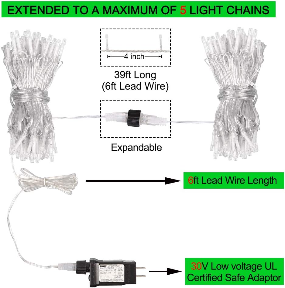 33FT 100 LEDs String Lights Waterproof Fairy Lights 8 Modes with Memory 30V UL Certified Power Supply for Home, Garden, Wedding, Party, Christmas Decoration Indoor Outdoor (Cool White)