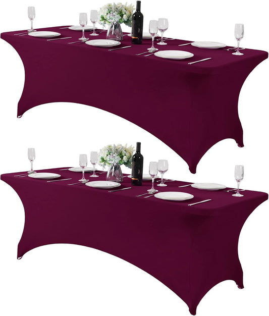 2Pack Spandex Table Cover for 8FT or 4ft or 6ft Table Universal Fitted Stretch Tablecloth for Party, Banquet, Wedding and Events-Burgundy