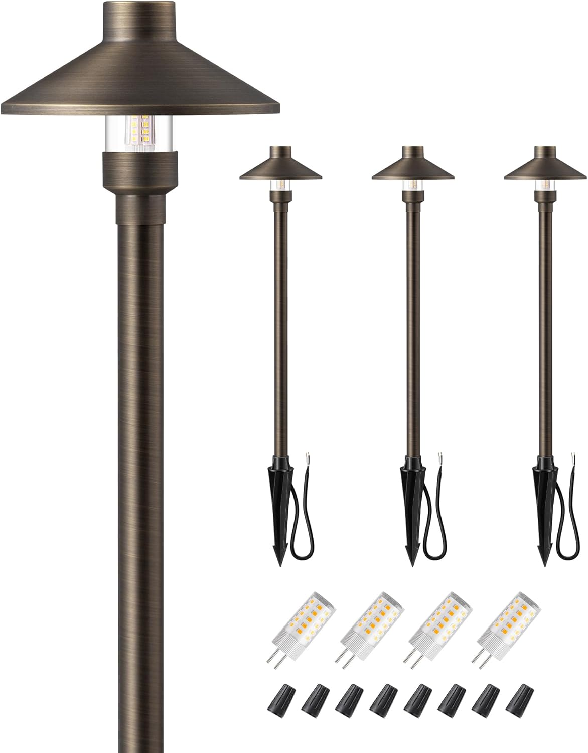 EDISHINE Solid Brass Low Voltage Pathway Lights Wired, 22" Tall 6" Shade, 4Pack Heavy Duty LED Landscape Lighting with G4 Bulb, 12V 350LM 3000K Waterproof Outdoor Landscape Path Light with Large Stake