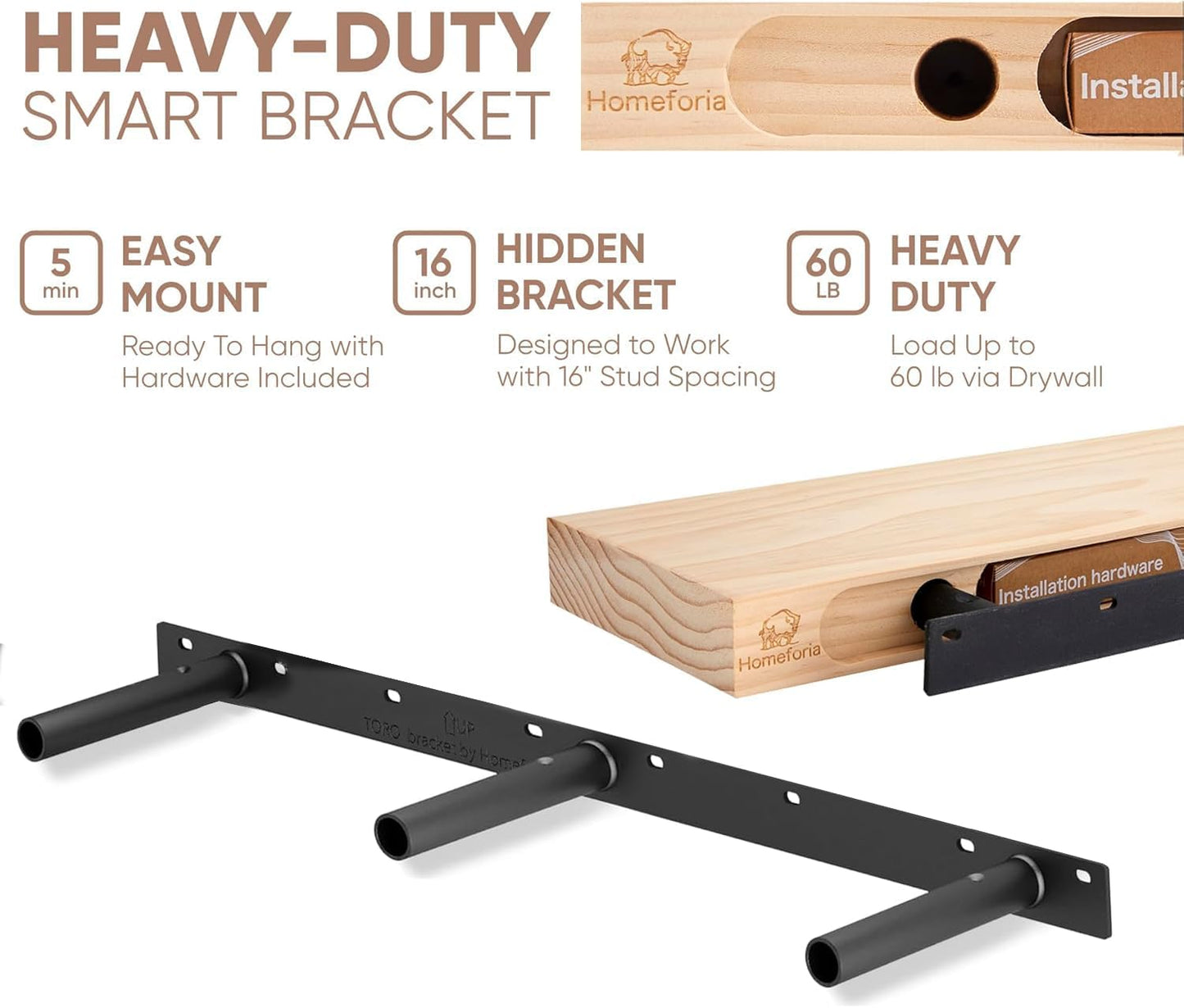 Homeforia Floating Black Shelf 42 inch, High End Solid Real Wood 42 inches Long Floating Shelves for Wall, Black Wooden 42inch Large Floating Shelves, Heavy Duty Bracket, 42 X 6.5 X 1.75 in, Set of 2