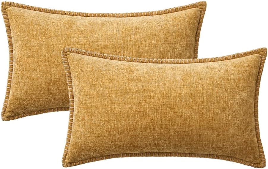 MIULEE Pack of 2 Couch Throw Pillow Covers 12x20 Inch Gold Farmhouse Decorative Pillow Covers with Stitched Edge Soft Chenille Solid Dyed Fall Pillow Covers for Sofa Bed Living Room