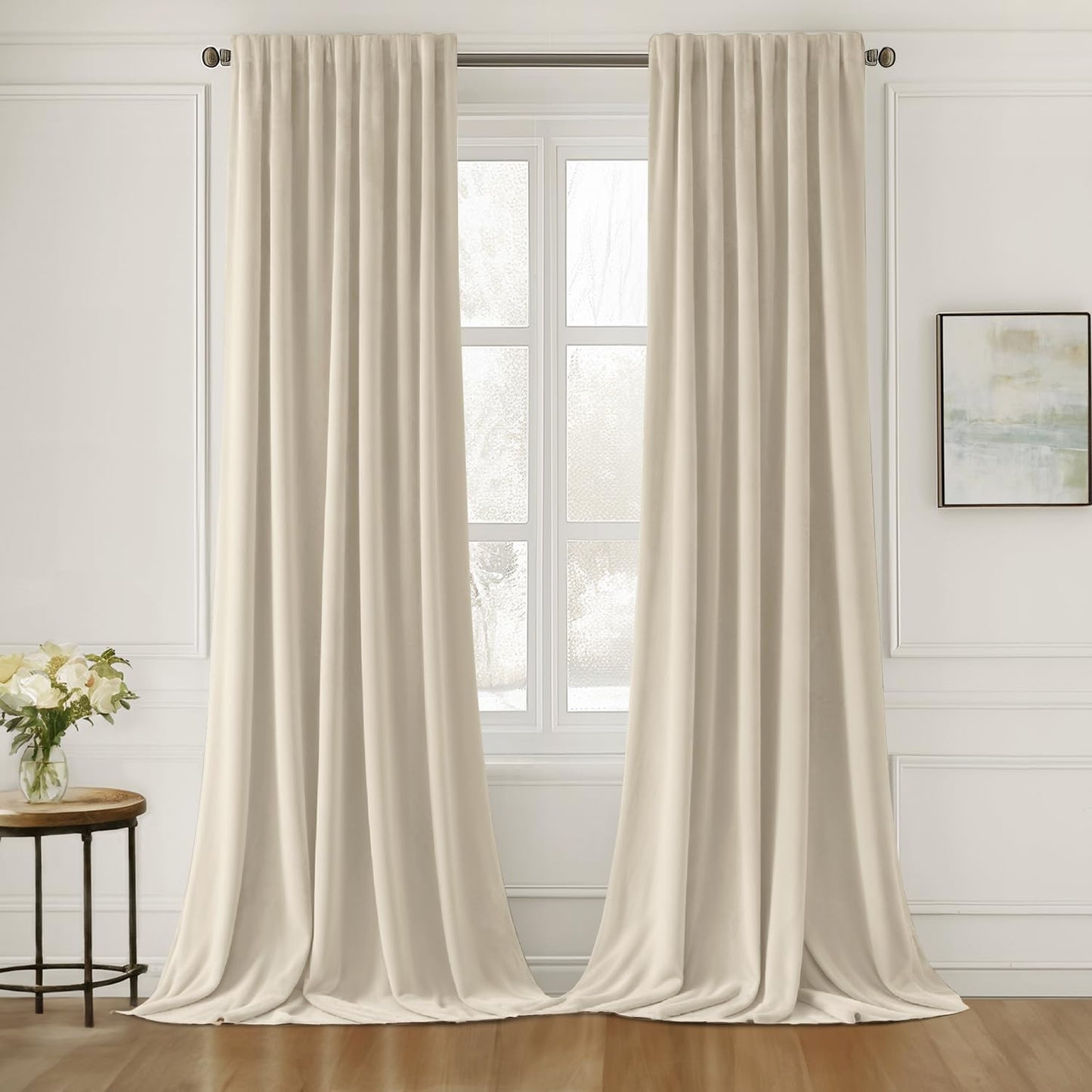 MIULEE Cream Beige Velvet Curtains 108 inches Long 2 Panels - Luxury Pinch Pleated Room Darkening Window Drapes for Bedroom Living Room Thermal Insulated Super Soft, Back Tab Rod Pocket Elegant Decor