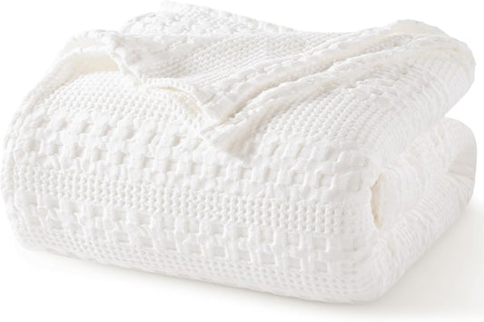 PHF 100% Cotton Waffle Weave Blanket Twin Size, Soft Lightweight Breathable Cozy Summer Blankets for Bed, Luxury Aesthetic Woven Bedding for Home Decor, 66"x90", White