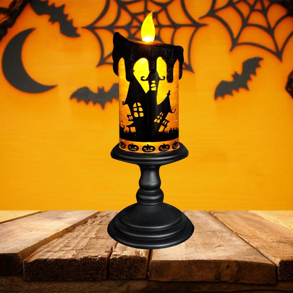Eldnacele Halloween Snow Globe Candles Lighted Lamp, Battery Operated Spooky Spinning Water Glittering Tornado Candle Flameless Candles Table Centerpiece for Halloween Decoration Indoor(Castle)