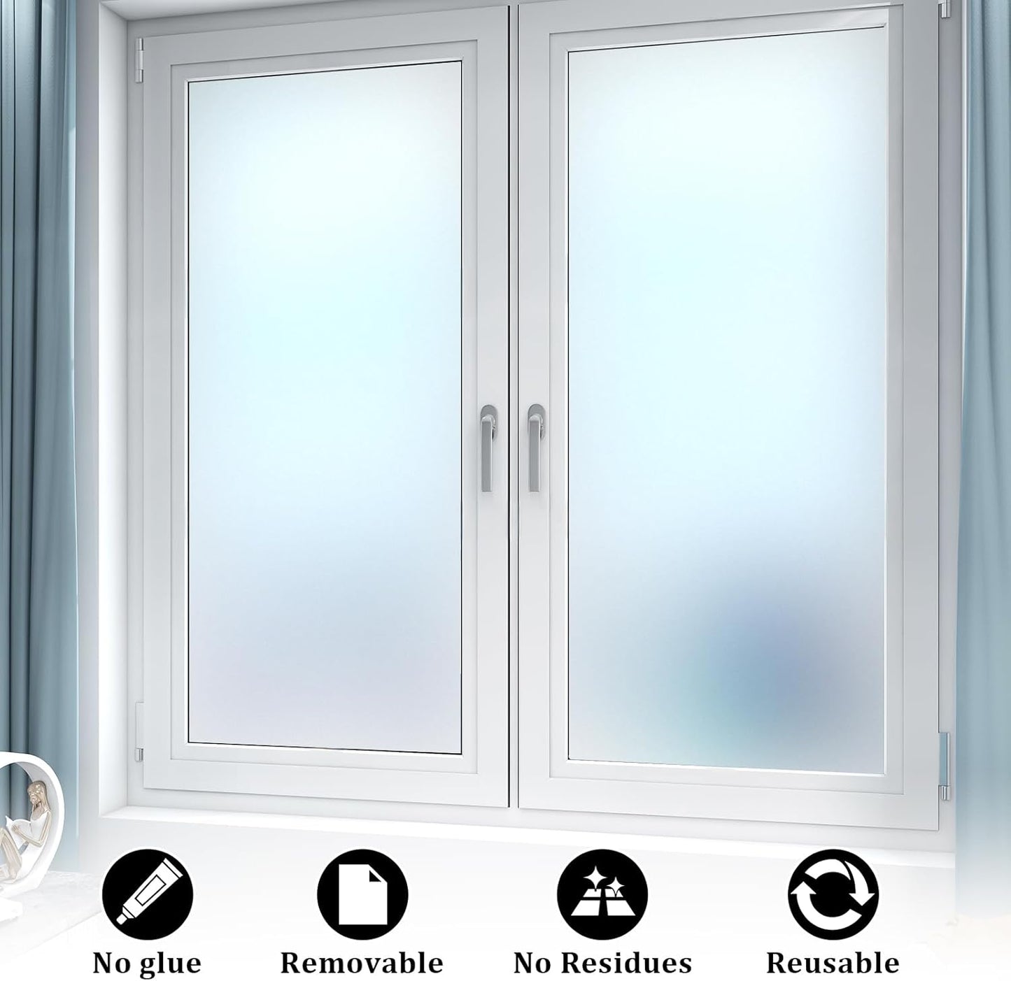 Window Privacy Film, Frosted Glass Static Cling Non-Adhesive Window Cover For Bathroom UV Sunlight Blocking Heat Control For Home Decorative Frosting Pure Matte White Size 17.5 x 78.74 Inches
