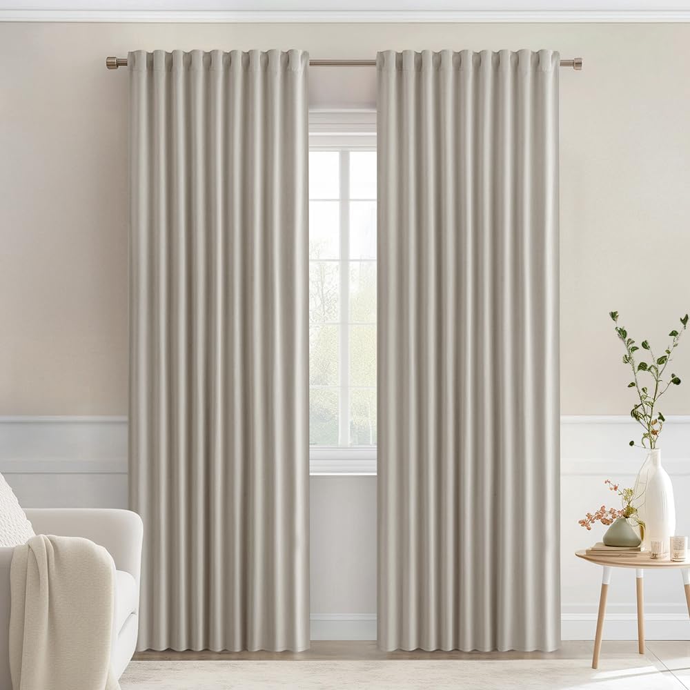 MIULEE Natural Back Tab Blackout Curtains 90 Inches Long 2 Panels Set for Living Room Bedroom Privacy, Rod Pocket/Pinch Pleat Thermal Insulated Room Darkening Pleated Light Blocking Drapes