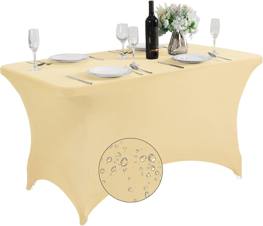 SuperO Waterproof Spandex Table Cover for 4FT Table Universal Fitted Stretch Tablecloth for Party, Banquet, Wedding and Events-Champagne