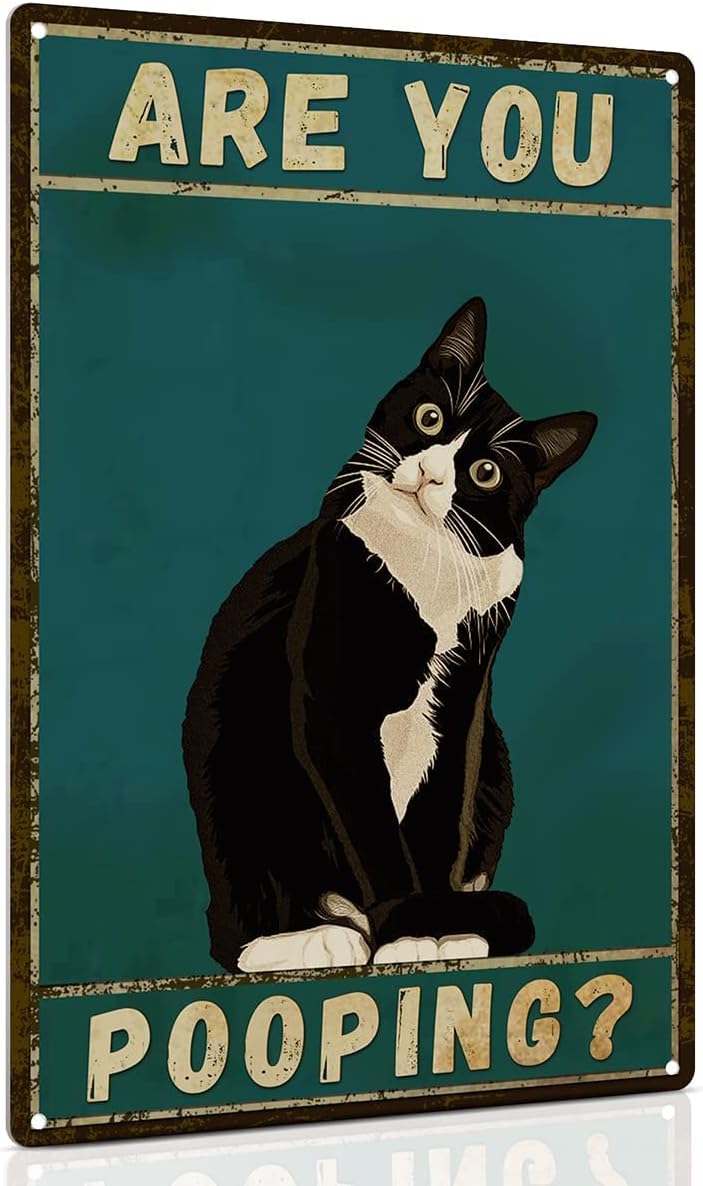 ALKB Bathroom Sign Tuxedo Cat Wall Decor Funny Metal Sign 8x12 Inch - Are You Pooping - Wall of Glory Decor Black Cat Sign