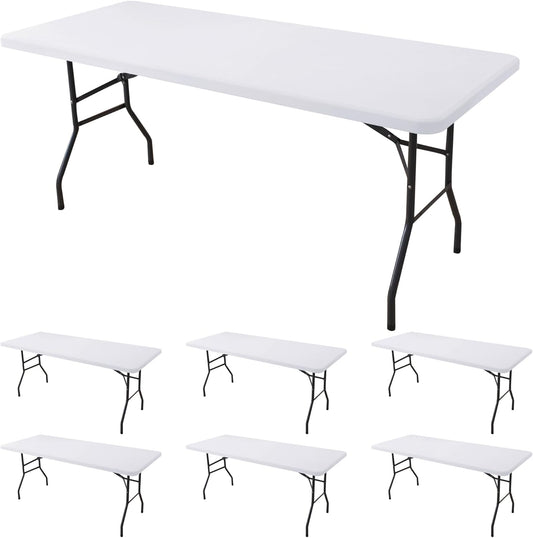 Fitted Tablecloth for 8 Foot Rectangle Tables-6 Pack White Elastic Outdoor Picnic Table Cover-Spandex Stretch Folding Table Cloths 8ft for Camping Dining Room Patio Kitchen Banquet Party