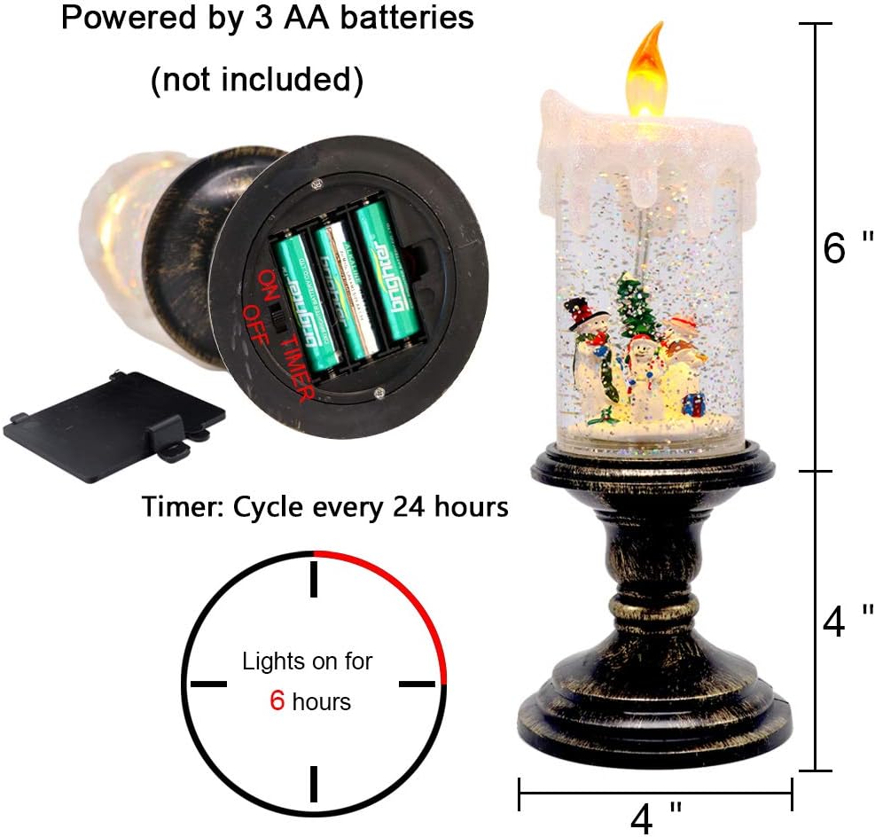 Eldnacele Christmas Snow Globe Candle Battery Operated Lighted Flameless Candles Light Swirling Water Glittering Spinning Candles for Home Decoration(Snowmen Family)