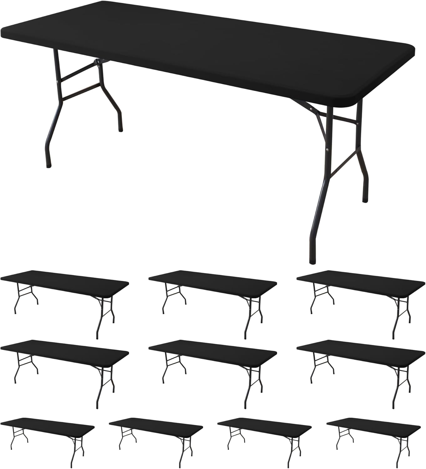 Fitted Tablecloth for 6 Foot Rectangle Tables-10 Pack Black Elastic Outdoor Picnic Table Cover-Spandex Stretch Folding Table Cloths 6 ft for Camping Dining Room Patio Kitchen Banquet Party