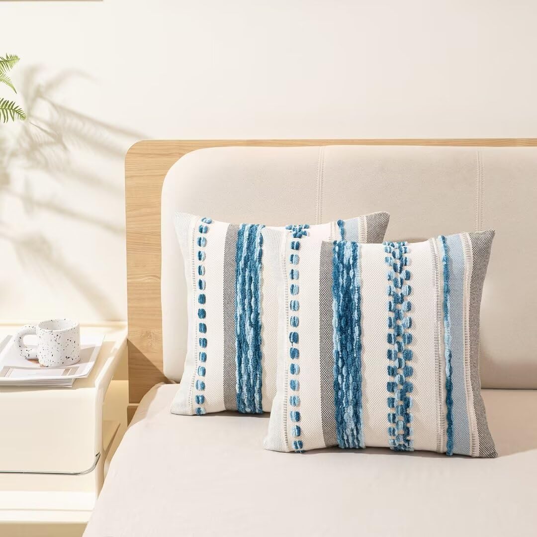 Boho Throw Pillow Covers 18x18 Set of 2 Farmhouse Decorative Cushion Case Striped Square Pillows Cover Chenille Pillow Cases Accent Neutral Pillowcase for Sofa Couch Bed,Sky Blue