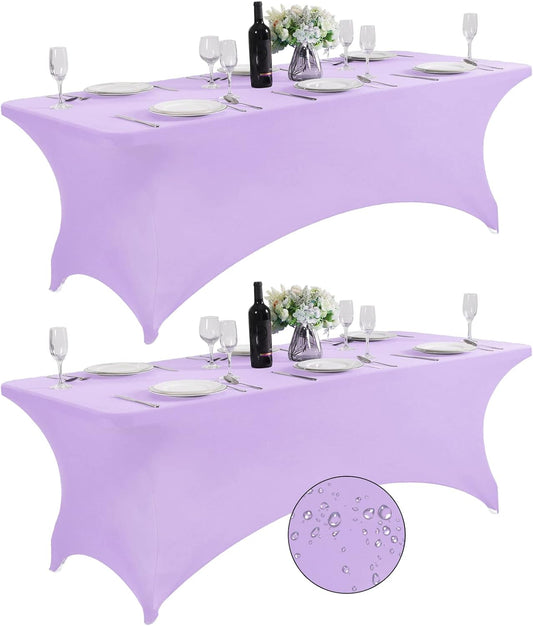 SuperO 2Pack Waterproof Spandex Table Cover for 8FT Table Universal Fitted Stretch Tablecloth for Party, Banquet, Wedding and Events-Lavender
