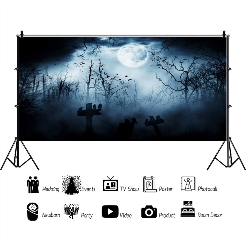 AOFOTO 20x10ft Moon Night Halloween Cemetery Photography Backdrop Flying Bats Birds Stand on Gravestone Cross Graveyard in Dark Forest Photo Background Cloth Vinyl Wallpaper Photo Studio Props