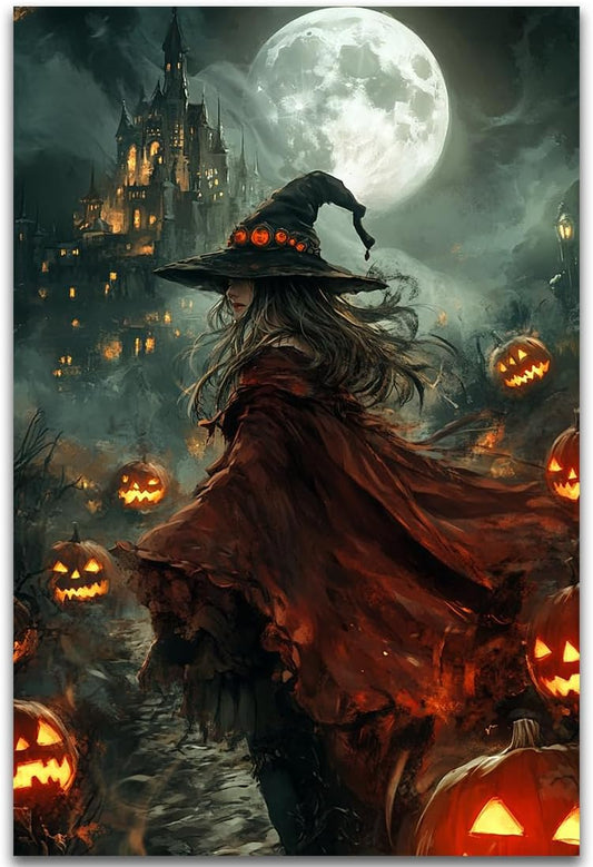 Dark and Moody Gothic Witch Poster Wall Art,Vintage Rustic Witch in Cloak with Castle Pumpkin Road Dark Gothic Poster,Goth Spooky Season Halloween Prints for Fantasy Office,20"x30" Unframed