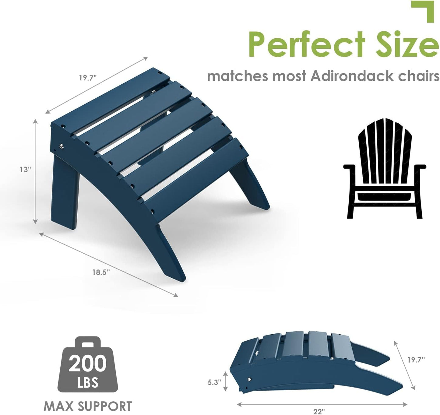 GreenVines Adirondack Ottoman Set of 2, HDPE All Weather Outdoor Folding Footrest, Plastic Adirondack Chair Footstool for Deck Backyard Patio Outside Poolside Porch Lawn, 19.7 inch Width, Blue