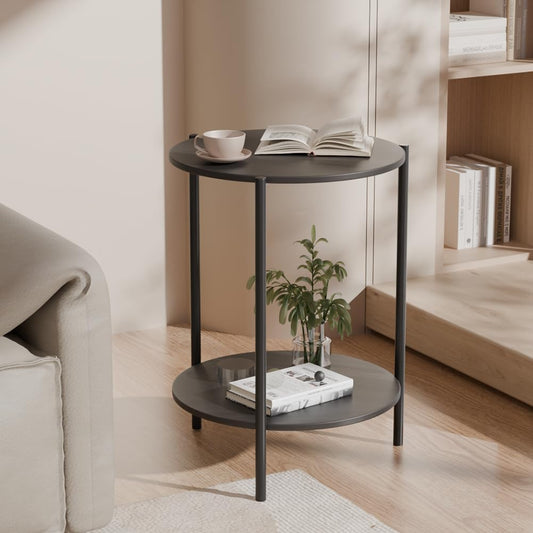 Side Table, Round End Table with 2-Layer Storage Rack, 15.7" Small Spaces Circle Table, Metal Frame Design Small Side Tables, for Living Room, Bedroom, Grey