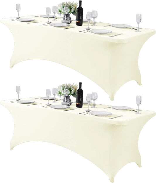 2Pack Spandex Table Cover for 8FT or 4ft or 6ft Table Universal Fitted Stretch Tablecloth for Party, Banquet, Wedding and Events-Ivory