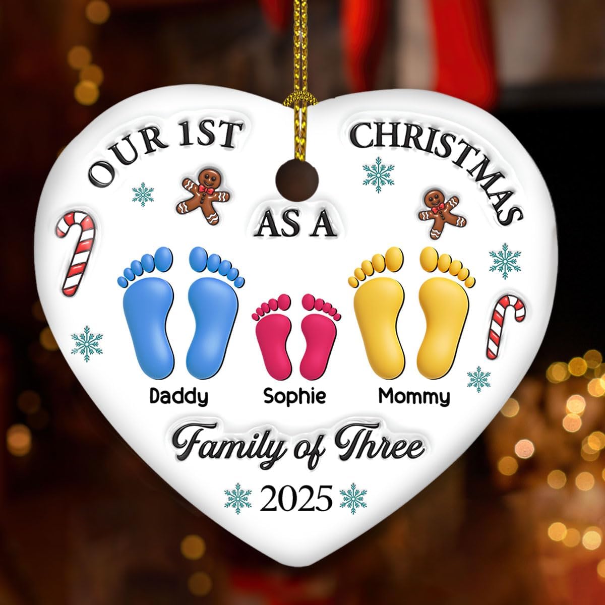 Custom 3D Effect Heart Ornament – Our First Christmas, Personalized Gift for Newly Married Brides, Ideal Holiday Keepsake