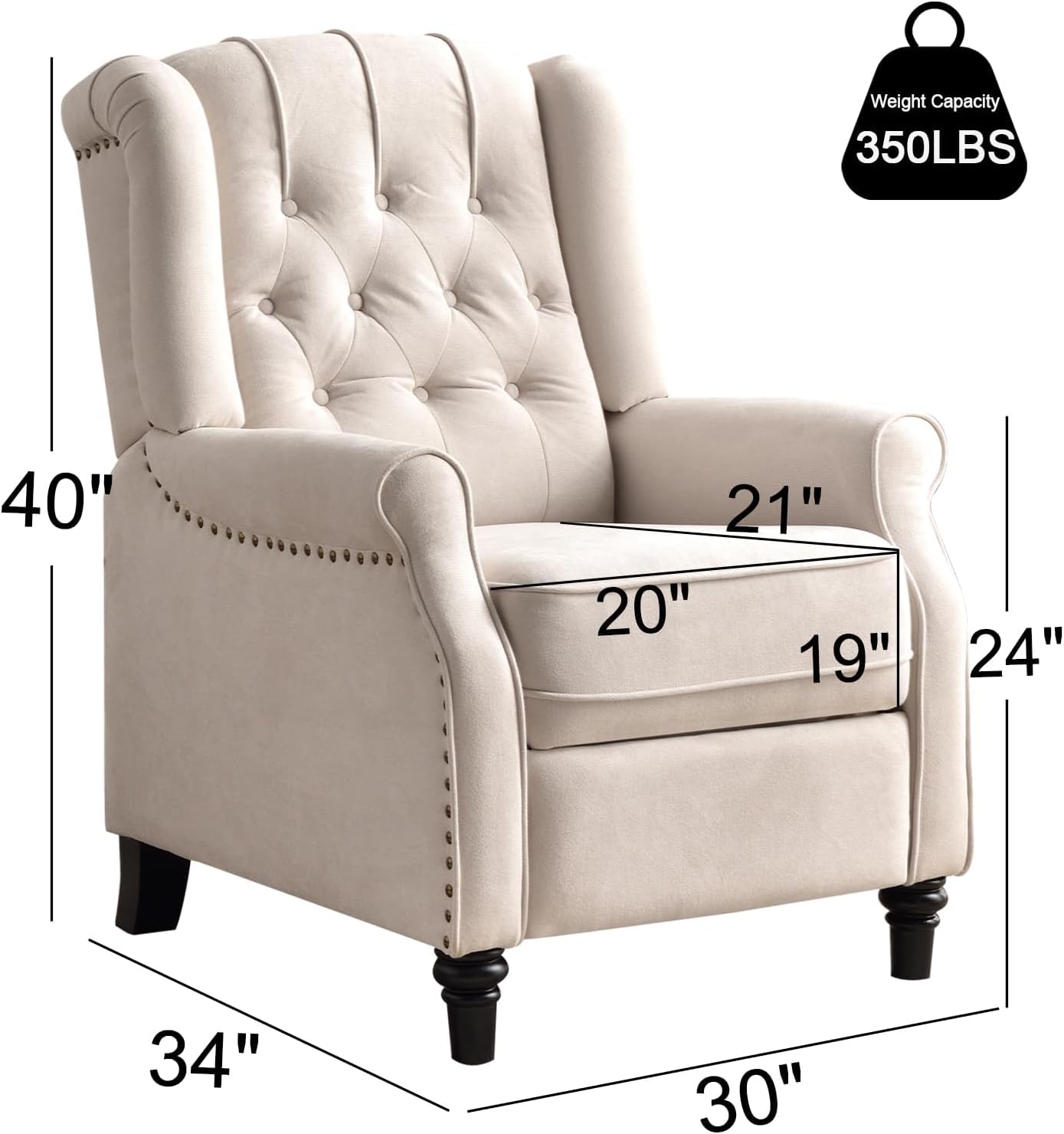 EBELLO Pushback Recliner Chair, Fabric Armchair Push Back Recliner with Rivet Decoration, Mid Century Wingback Accent Chair for Living Room, Bedroom, Beige
