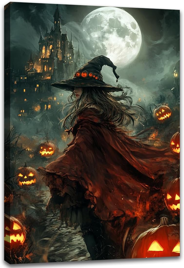 Dark and Moody Gothic Witch Poster Wall Art,Vintage Rustic Witch in Cloak with Castle Pumpkin Road Dark Gothic Poster,Goth Spooky Season Halloween Prints for Fantasy Office,16"x24" Framed