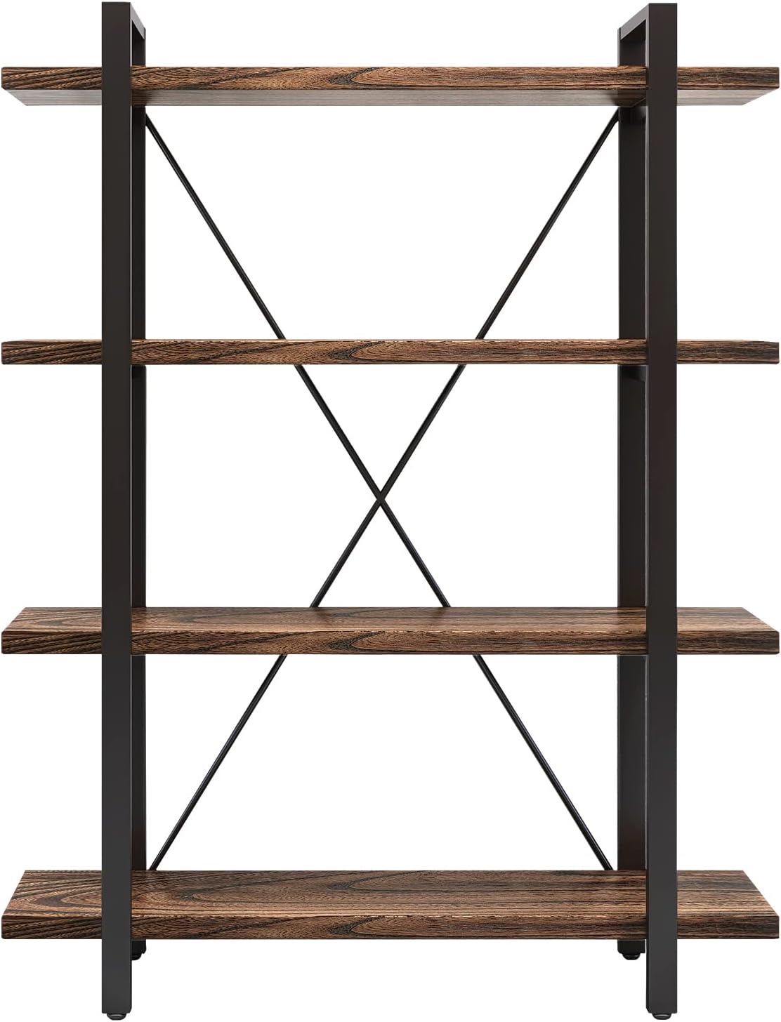 4 Tier Bookshelf Solid Wood Bookcase and Book Shelves Wood and Metal Shelving Rustic Open Bookshelf Office,Distressed Brown (AY-02-4Tier)
